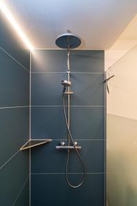 a bathroom with a shower with a blue wall at Feierabend am Kaiserstuhl in Bötzingen +37 photos