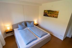 a bedroom with a bed with blue pillows and two lamps at Feierabend am Kaiserstuhl in Bötzingen