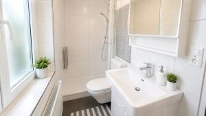 a white bathroom with a toilet and a sink at DreamWork Point Grenchen in Grenchen