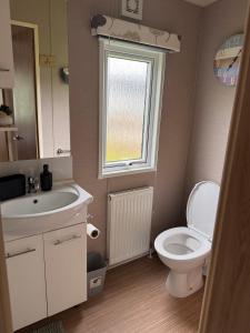 a bathroom with a toilet and a sink and a window at 10 the green lilliardsedge carvan park harritsfield jedbrugh td8 6tz in Harrietsfield