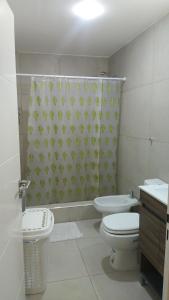 a bathroom with a toilet and a shower curtain at Dpto tte ibañez in Cipolletti +5 photos