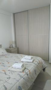 a bedroom with a bed with two pillows on it at Dpto tte ibañez in Cipolletti