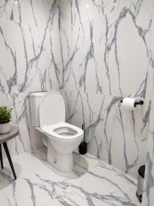 a bathroom with a white toilet and marble walls at ZWIN Apartment 4 in Skole