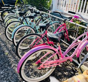 a row of pink bikes parked next to a fence at The Grenville Hotel and Restaurant in Bay Head