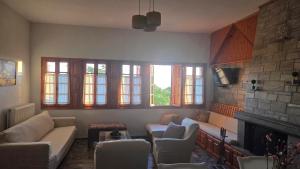 a living room with a couch and chairs and a fireplace at Holiday Home Neochori Pelion in Neochori