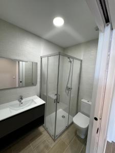 a bathroom with a shower and a sink and a toilet at Apartamento Mediodía 3 in La Bañeza