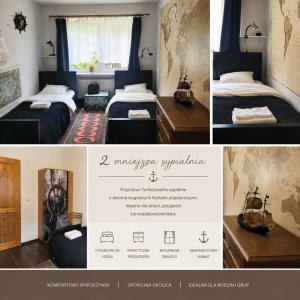 a collage of three pictures of a bedroom with two beds at Happy One Park Apartment in Świdnica