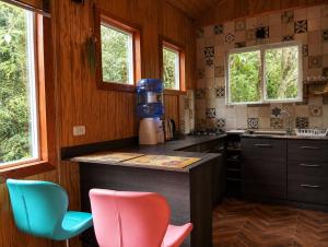 a kitchen with a counter and two colorful chairs at El Urco Chiloé - Cabaña La Fiura in Ancud