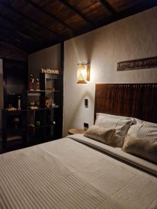 a bedroom with a large bed with a wooden headboard at Tacuara House in San Gil