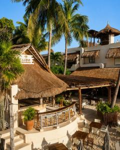 a resort with a straw umbrella and chairs and palm trees at Hotel Casa Colibri in Playa del Carmen