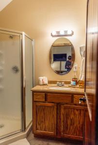 a bathroom with a sink and a shower and a mirror at Nicole Creek Cabins in Waco +6 photos