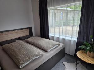 a bed in a room with a large window at Apartmán U Lanovky in Kramolín