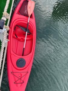 a red kayak tied to a dock in the water at Leo Green House in Cinciş