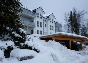ein Haus mit einem Stapel Schnee davor in der Unterkunft Ferienwohnung Kappenblick 1 - Buchenweg in Winterberg