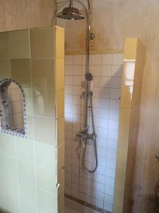 a bathroom with a shower and a tiled wall at Cottage LAISSER VERDURE in Gargilesse-Dampierre