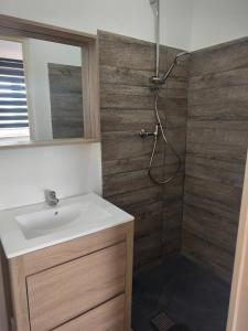 a bathroom with a sink and a shower at Sisters home in Marcinelle +15 photos