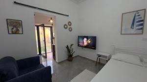 a living room with a couch and a tv on a wall at Salamina Urban Escape C in Paloúkia