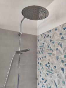 a shower head in a bathroom with a mosaic wall at La Casina Procchio loc I Marmi in Procchio +11 photos