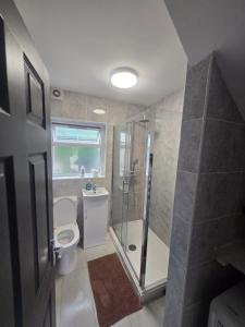 a bathroom with a shower and a toilet and a sink at White Shelf Dartford House in Kent