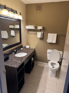 a bathroom with a toilet and a sink and a mirror at Quality Inn & Suites Escanaba North in Escanaba +16 photos