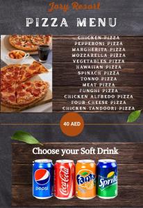 a flyer for a pizza menu with two cans of soda at شاليه غرام حتا - Hatta Romance Chalet in Būbādī