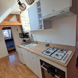 a kitchen with a stove and a counter top at le pomerol in Château-Gontier