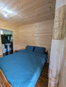 a bedroom with a blue bed in a wooden room at Guests house, Artani in Valbonë