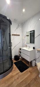 a bathroom with a white sink and a mirror at Chez Mary in Larzicourt