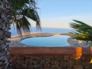 a swimming pool in a stone wall with the ocean in the background at DAMMUSI IL CARRUBO in Pantelleria