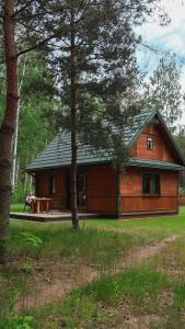 a large wooden house with a porch in a yard at Podlaska Chatka Dziadka in Ciwoniuki