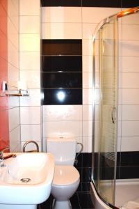 a bathroom with a toilet and a sink and a shower at Dwór Zielone Wzgórza in Bukowno +35 photos