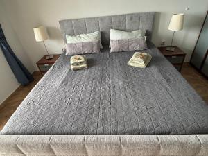 a large gray bed with two pillows on it at Panorama Sea View in Sveti Vlas +16 photos