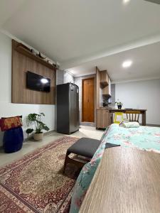 a large room with a bed and a kitchen at Studio 25 Na Cidade do CAFÉ 300m do Centro in Brejetuba +30 photos