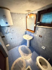 a bathroom with a sink and a toilet and a mirror at Villa Adi in Ducaj +3 photos