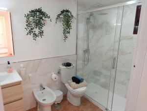 a bathroom with a shower and a toilet and a sink at Bahia Sol Dream -Caleta de Fuste- in Caleta De Fuste +14 photos
