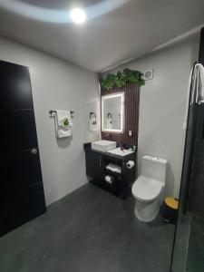 a bathroom with a toilet and a sink and a mirror at River Suite at Luna Negra Suites & Spa in El Castillo de La Fortuna +18 photos