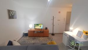 a living room with a couch and a tv on a table at Apartamento acolhedor com AC no centro de Angra in Angra do Heroísmo