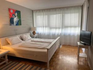 a bedroom with a bed and a television in it at Villa ENTO HotelWestEnd in Frankfurt