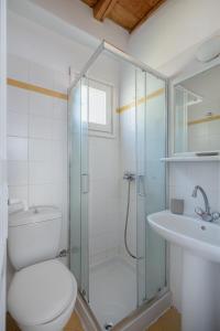 a bathroom with a shower and a toilet and a sink at Oneiro Serifos House in Serifos Chora