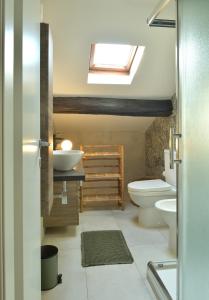 a bathroom with a sink and a toilet and a skylight at Casa Il Nido Bright Rooftop Nest in Lecco +24 photos