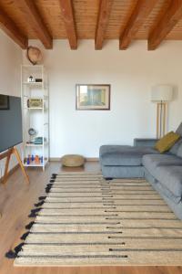a living room with a blue couch and a rug at Casa Il Nido Bright Rooftop Nest in Lecco