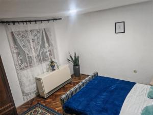 a bedroom with a bed with a blue blanket and a window at Apartman Darija in Vrnjci