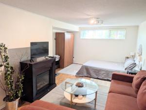 a living room with a couch and a fireplace at West End Basement Apartment in Toronto