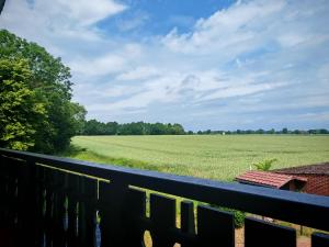 a view of a field from a balcony at Green Lake House in Petershagen