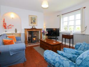 a living room with blue couches and a tv at Shepherd's Cottage in Bridgnorth