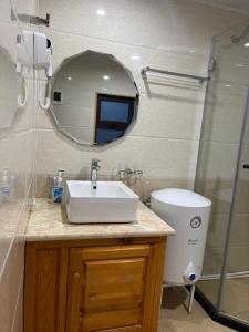 a bathroom with a sink and a toilet and a mirror at Bayalag Resort in Yoliin Hural +46 photos
