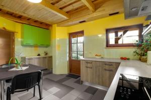 a kitchen with green and yellow walls and a wooden ceiling at Paegli Guest house in Kaijciems