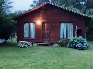 a small wooden house with a grass yard at Rio liucura cabañas in Collentañe