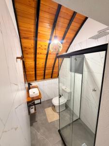 a bathroom with a toilet and a wooden ceiling at Recanto sol nascentre cabanas in Monte Verde