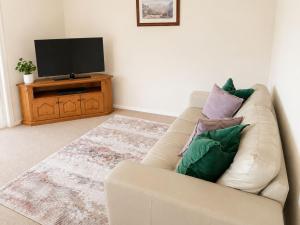 a living room with a couch and a flat screen tv at Palmers Lane Vineyard Cottage in Pokolbin +3 photos